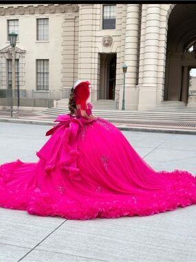 Hot Pink Off-Shoulder Prom Ball Gown with Statement Bow
